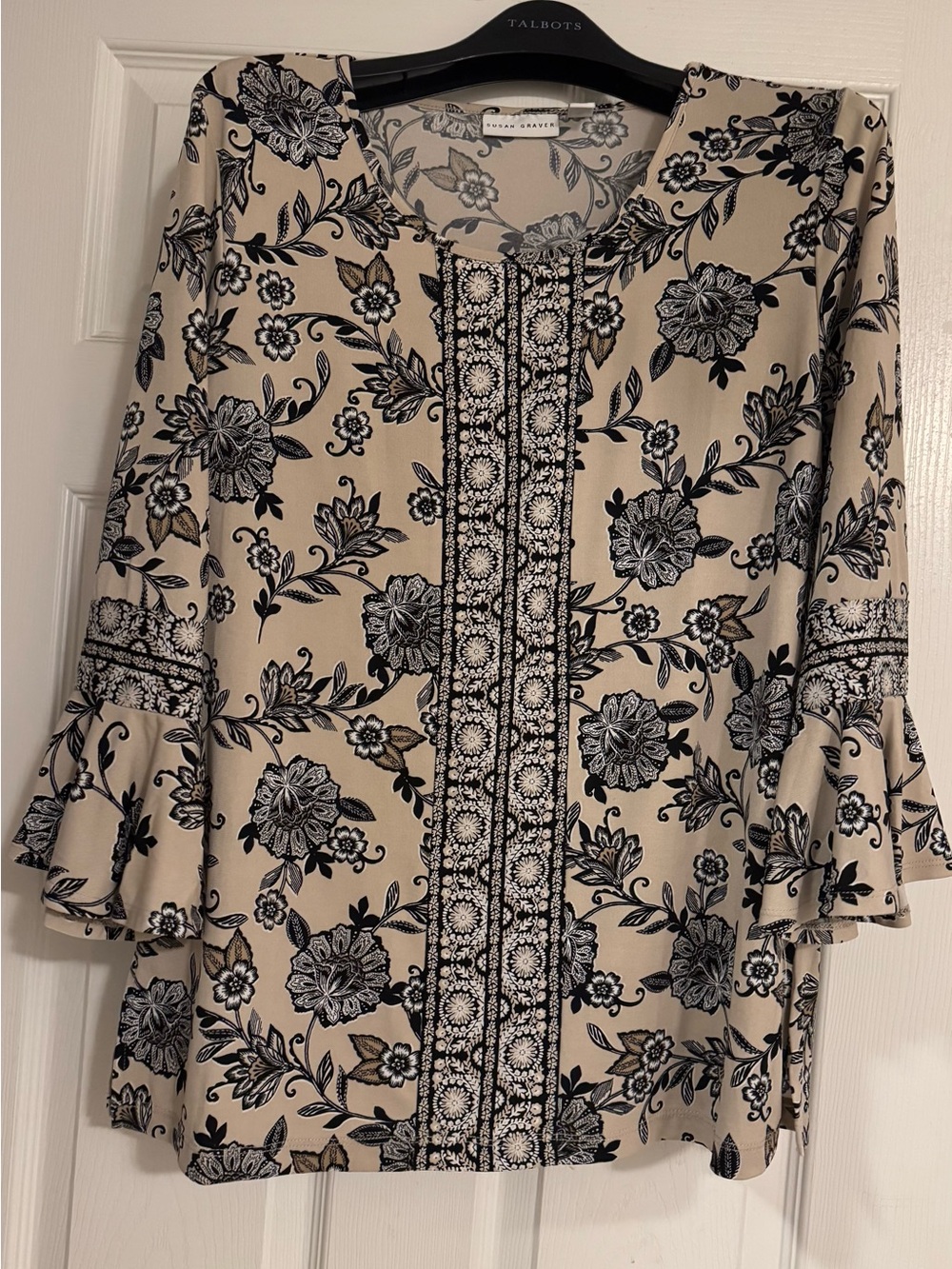 Susan Graver Black and Beige Floral “Liquid Knit” Shirt